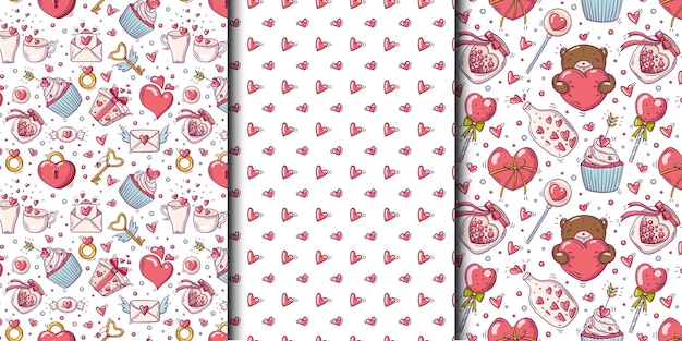 Vector conjunto de patrones sin fisuras con objetos de amor y día de san valentín en estilo doodle