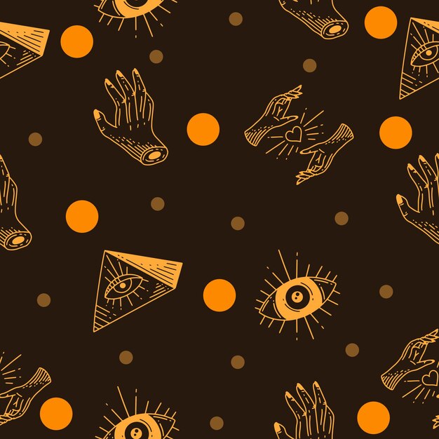 Conjunto de patrones sin fisuras Oro Místico Celestial Minimalismo simple Tatuaje Símbolo con naranja y oro Círculo Objeto Espacio Doodle Elementos esotéricos Ilustración vintage Lite Orange