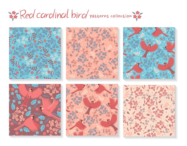 Conjunto de patrones sin fisuras con pájaros cardenales rojos y con elementos florales
