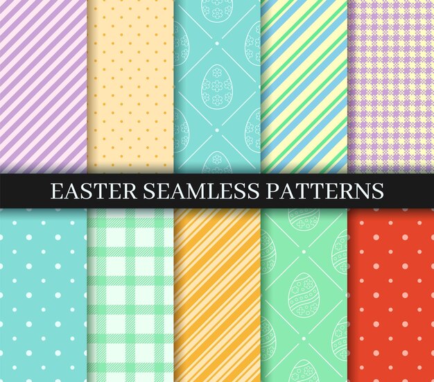 Conjunto de patrones sin fisuras de Pascua Huevos Gingham Polka Dot y colección de diseños de patrones a rayas