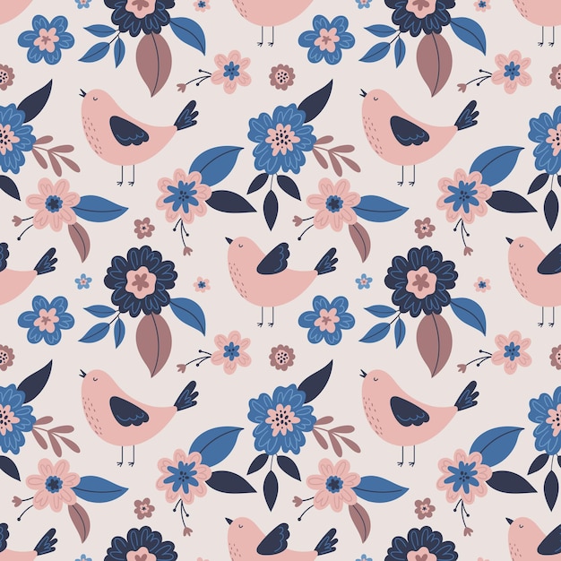 Conjunto de patrones sin fisuras de primavera con pájaros y elementos florales en un estilo sencillo