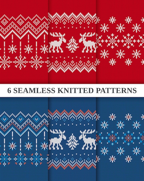 Conjunto de patrones sin fisuras de punto de Navidad Colección de bordes de Navidad azul y rojo Conjunto de texturas de punto Suéter feo de vacaciones