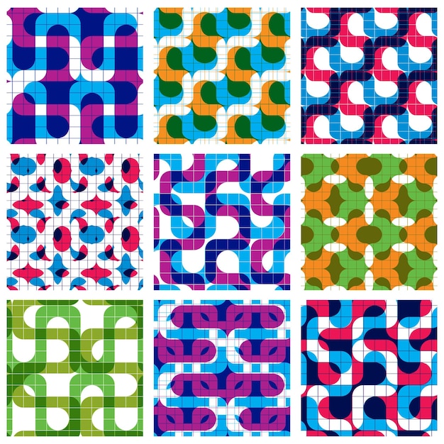 Conjunto de patrones sin fisuras de rejilla multicolor con laberinto y figuras geométricas, azulejos ondulados brillantes simétricos transparentes, texturas superficiales geométricas infinitas con cuadrados y figuras abstractas, colorf