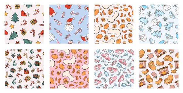 Conjunto de patrones sin fisuras simples con garabatos navideños Lindo estampado con imágenes prediseñadas de invierno dibujadas a mano