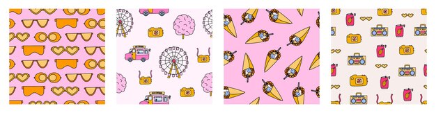 Conjunto de patrones sin fisuras simples con garabatos de verano Lindo estampado con garabato de playa tropical dibujado a mano