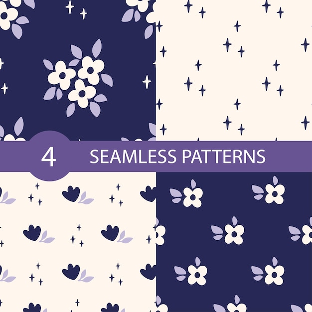 Conjunto de patrones sin fisuras de vector floral Flor hojas estrella dibujo moderno ilustración Impresión de tela botánica papel digital diseño textil niños y ropa de bebé cubierta de scrapbooking