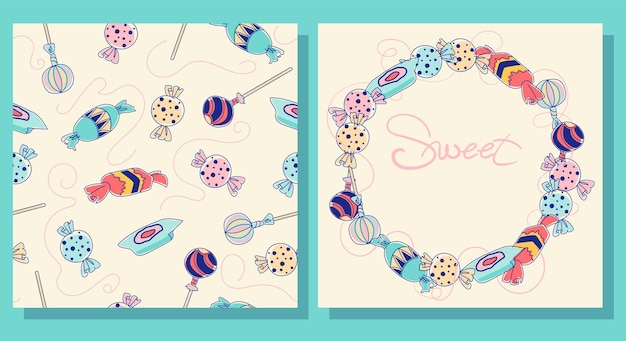 Conjunto de patrones sin fisuras de vector de garabato e ilustración con caramelos brillantes y letras.