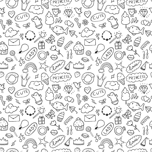 Conjunto de patrones sin fisuras de vector de iconos de doodle. Tema para chicas lindas, princesas, dulces, decoraciones. Todas las imágenes están aisladas. Adecuado para fondos, papel de regalo.