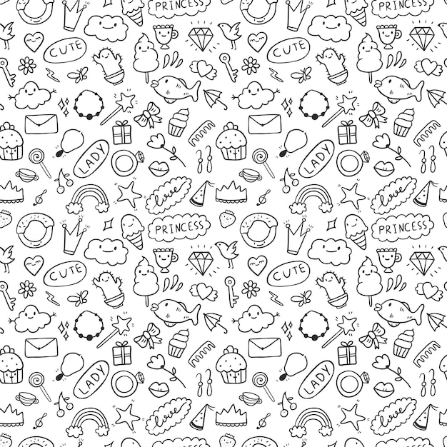 Conjunto de patrones sin fisuras de vector de iconos de doodle. Tema para chicas lindas, princesas, dulces, decoraciones. Todas las imágenes están aisladas. Adecuado para fondos, papel de regalo.