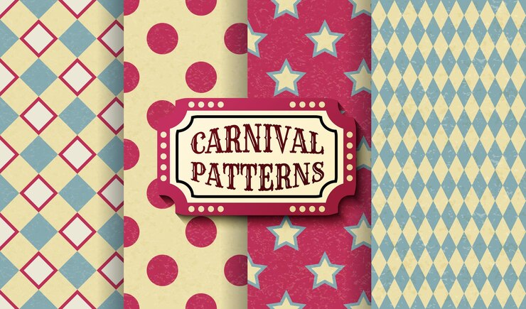 Vector conjunto de patrones sin fisuras vintage retro de carnaval. plantillas de papel tapiz de circo antiguo con textura. colección de azulejos de fondo de textura de vector. para fiestas, cumpleaños, elementos decorativos.
