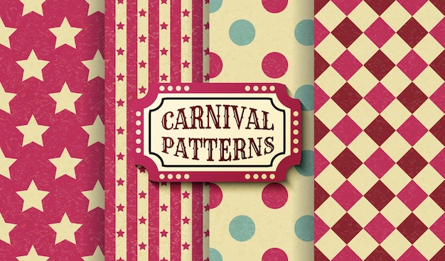 Conjunto de patrones sin fisuras vintage retro de circo. Plantillas de papel tapiz de carnaval a la antigua con textura. Colección de azulejos de fondo de textura de vector. Para fiestas, cumpleaños, elementos decorativos.