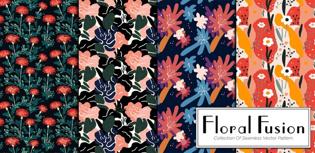 Vector conjunto de patrones florales sin costura colección de flores y hojas dibujadas a mano