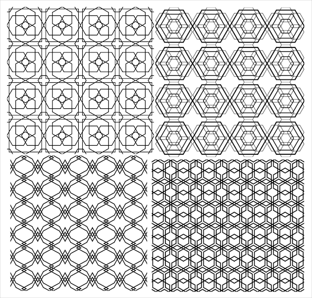 Conjunto de patrones geométricos en blanco y negro abstractos vectoriales sin fisuras con elementos de formas y hexágonos