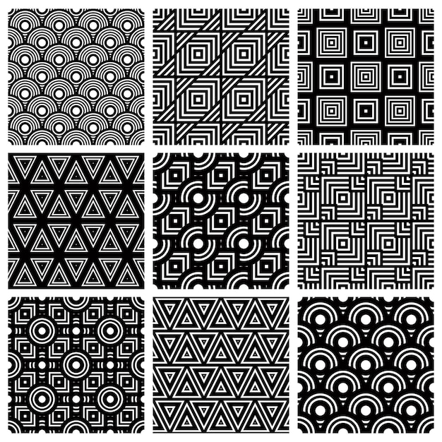 Conjunto de patrones geométricos sin costuras en blanco y negro, colección de fondos vectoriales