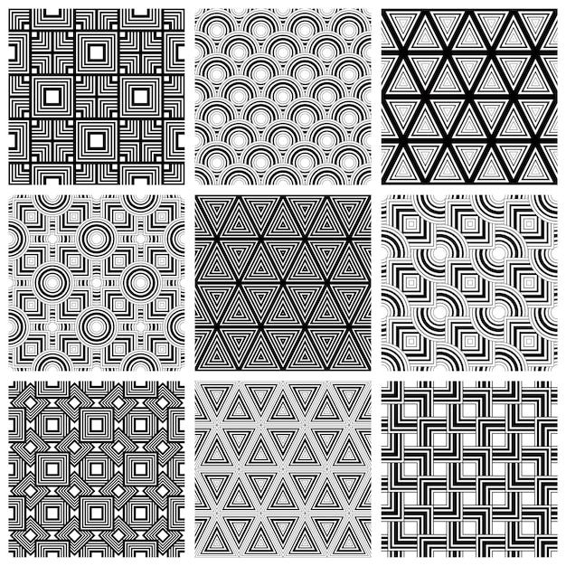 Conjunto de patrones geométricos sin costuras en blanco y negro, colección de fondos vectoriales