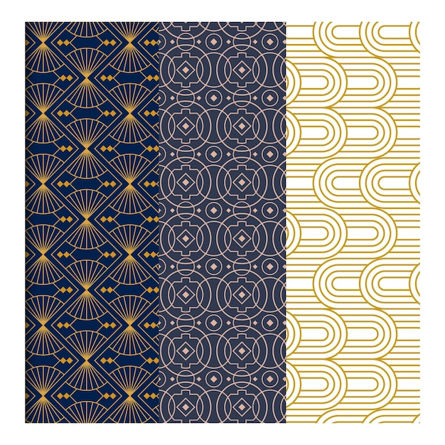 un conjunto de patrones geométricos dorados y azules