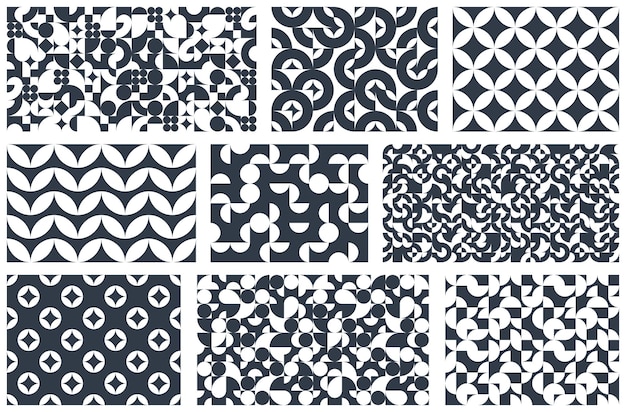 Conjunto de patrones geométricos vectoriales abstractos, elementos geométricos simples en blanco y negro que repiten mosaicos, fondos de pantalla o fondos de sitios web, fondos de diseño en estilo retro.