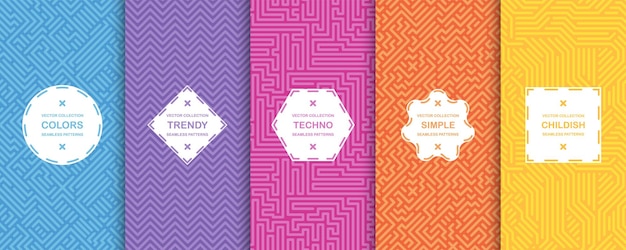 Conjunto de patrones geométricos vectoriales sin costuras diseño técnico fondos digitales vibrantes