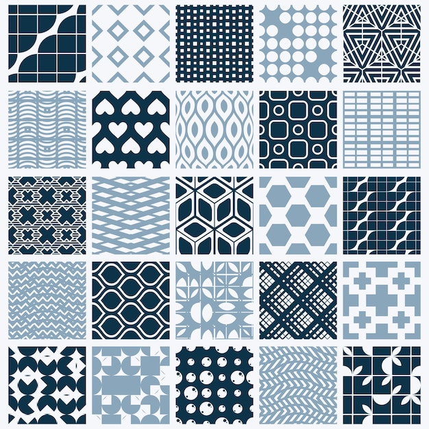 Conjunto de patrones geométricos vectoriales interminables compuestos por diferentes figuras como rombos, cuadrados y círculos. Azulejos ornamentales gráficos realizados en colores blanco y negro.