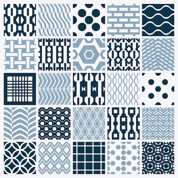 Vector conjunto de patrones geométricos vectoriales interminables compuestos por diferentes figuras como rombos, cuadrados y círculos. azulejos ornamentales gráficos realizados en colores blanco y negro.