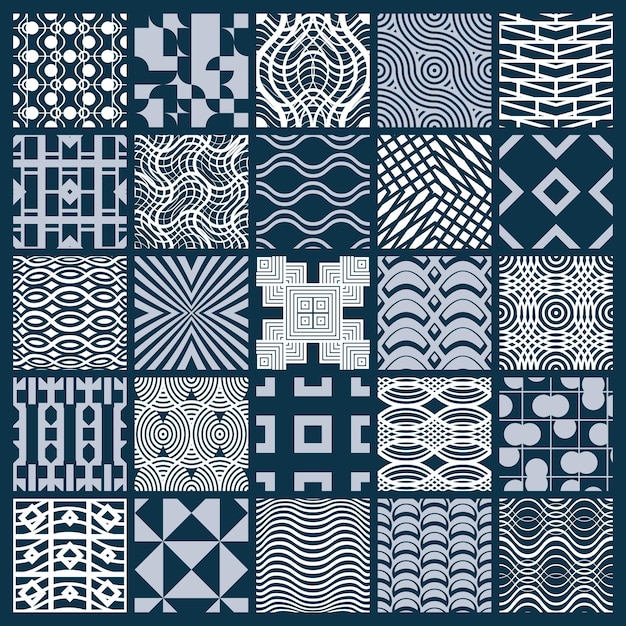 Conjunto de patrones geométricos vectoriales interminables compuestos por diferentes figuras como rombos, cuadrados y círculos. Azulejos ornamentales gráficos realizados en colores blanco y negro.