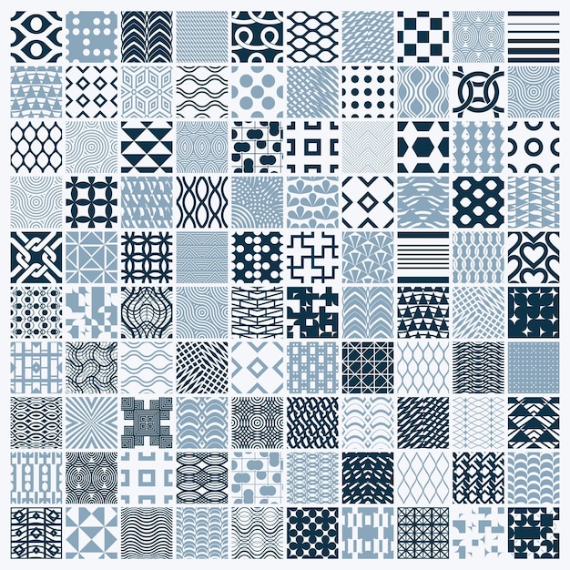 Conjunto de patrones geométricos vectoriales interminables compuestos por diferentes figuras como rombos, cuadrados y círculos. Azulejos ornamentales gráficos realizados en colores blanco y negro.