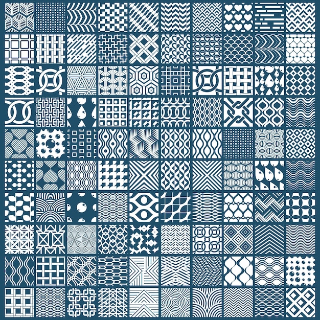 Conjunto de patrones geométricos vectoriales interminables compuestos por diferentes figuras como rombos, cuadrados y círculos. Azulejos ornamentales gráficos realizados en colores blanco y negro.