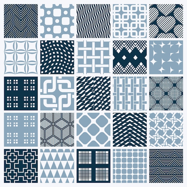 Conjunto de patrones geométricos vectoriales interminables compuestos por diferentes figuras como rombos, cuadrados y círculos. Azulejos ornamentales gráficos realizados en colores blanco y negro.