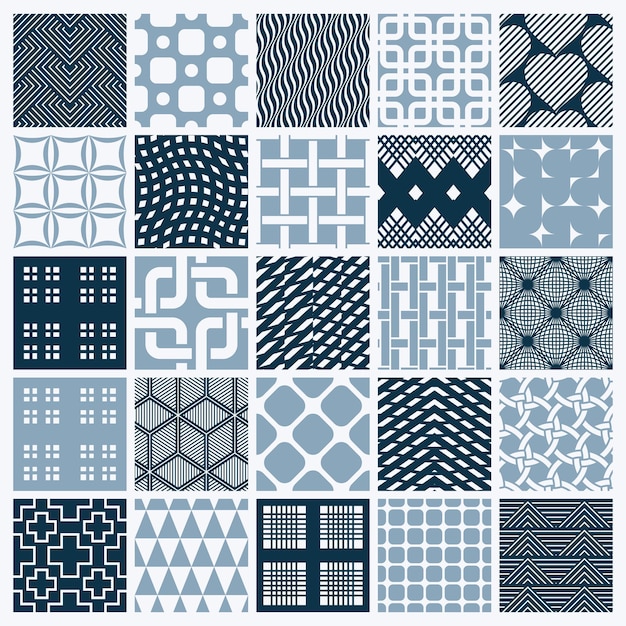 Vector conjunto de patrones geométricos vectoriales interminables compuestos por diferentes figuras como rombos, cuadrados y círculos. azulejos ornamentales gráficos realizados en colores blanco y negro.