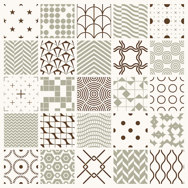 Conjunto de patrones geométricos vectoriales interminables compuestos por diferentes figuras como rombos, cuadrados y círculos. se pueden usar 25 mosaicos gráficos con textura ornamental en textiles y diseño.