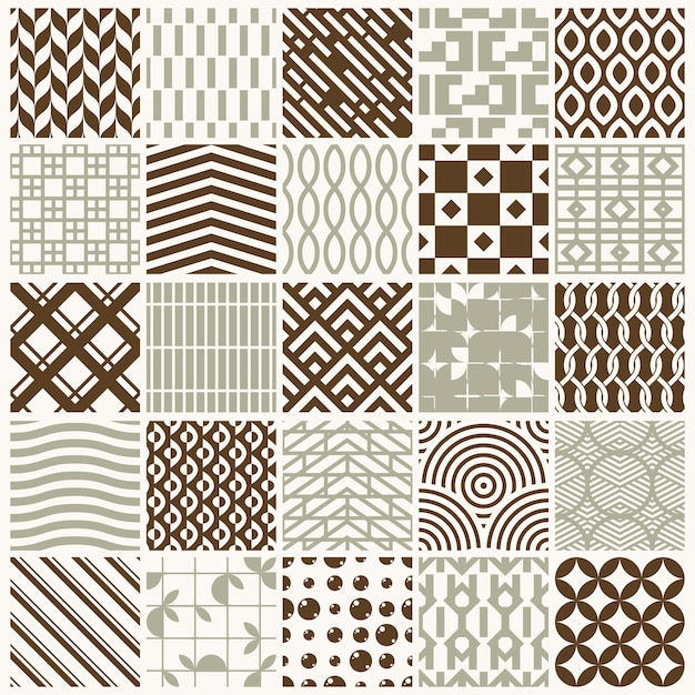 Conjunto de patrones geométricos vectoriales interminables compuestos por diferentes figuras como rombos, cuadrados y círculos. se pueden usar 25 mosaicos gráficos con textura ornamental en textiles y diseño.