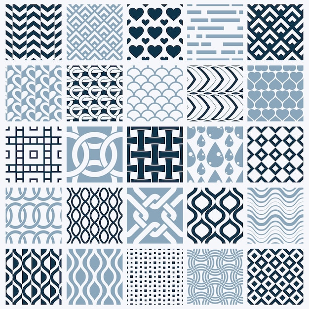 Conjunto de patrones geométricos vectoriales interminables compuestos con diferentes figuras como rombos, cuadrados y círculos.