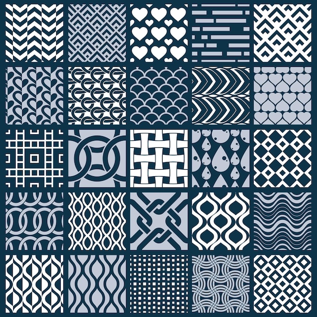 Conjunto de patrones geométricos vectoriales interminables compuestos con diferentes figuras como rombos, cuadrados y círculos.