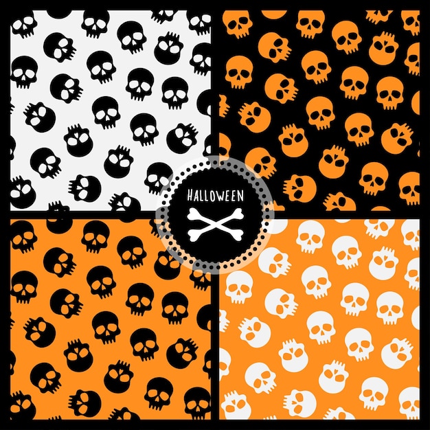 Conjunto de patrones de Halloween con calaveras cuatro patrones sin fisuras de vector