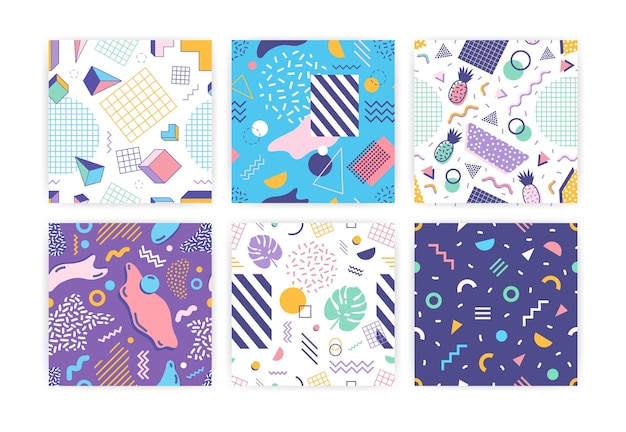 Conjunto de patrones impecables con formas geométricas, frutas tropicales, hojas exóticas, rayas, cuadrículas y líneas en zigzag. Ilustración vectorial en estilo retro de los años 90 o Memphis para papel tapiz, estampado de tela.