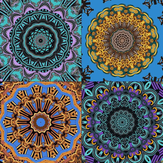 Conjunto de patrones indios con mandala diseño rojo y azul oriental para ornamento vectorial oriental textil