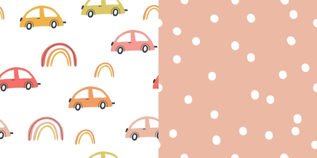 Conjunto de patrones infantiles sin fisuras con coches de dibujos animados dibujados a mano Niños creativos textura abstracta para envolver tela papel tapiz textil ropa Ilustración vectorial