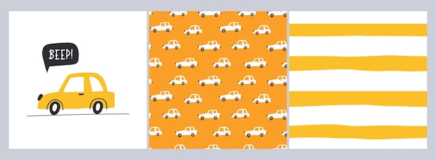 Conjunto de patrones infantiles sin fisuras con coches de dibujos animados dibujados a mano Niños creativos textura abstracta para envolver tela papel tapiz textil ropa Ilustración vectorial