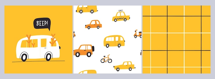 Vector conjunto de patrones infantiles sin fisuras con coches de dibujos animados dibujados a mano niños creativos textura abstracta para envolver tela papel tapiz textil ropa ilustración vectorial