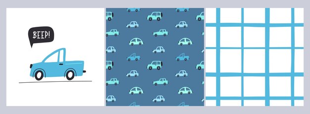 Conjunto de patrones infantiles sin fisuras con coches de dibujos animados dibujados a mano Niños creativos textura abstracta para envolver tela papel tapiz textil ropa Ilustración vectorial