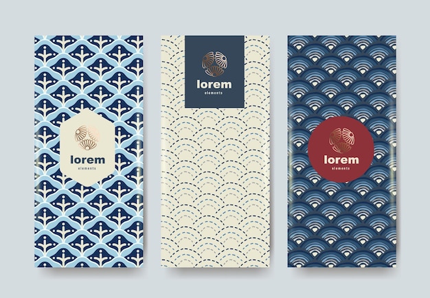 Conjunto de patrones japoneses mínimos con ondas sin costuras y diseños geométricos en azul tradicional