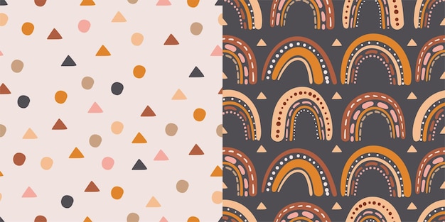 Conjunto de patrones con lindos arcoíris en estilo boho Arcoíris vectoriales y formas geométricas