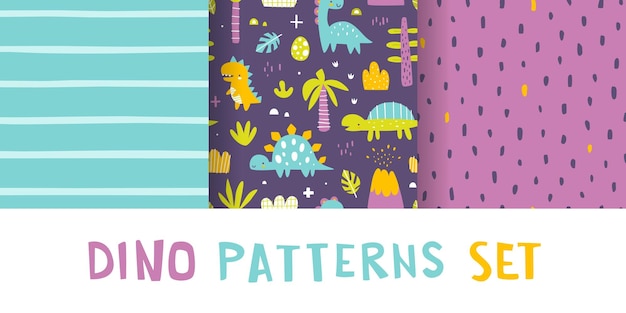 Conjunto de patrones lindos con bebé dino Colección de impresiones vectoriales coloridas sin costuras