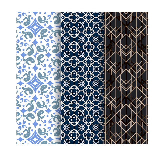 Conjunto de patrones de lujo sin costuras vectoriales Colección de patrones ornamentales en color azul marino y dorado