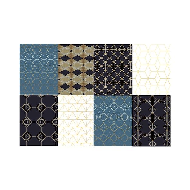 Conjunto de patrones de lujo sin costuras vectoriales Colección de patrones ornamentales en color azul marino y dorado
