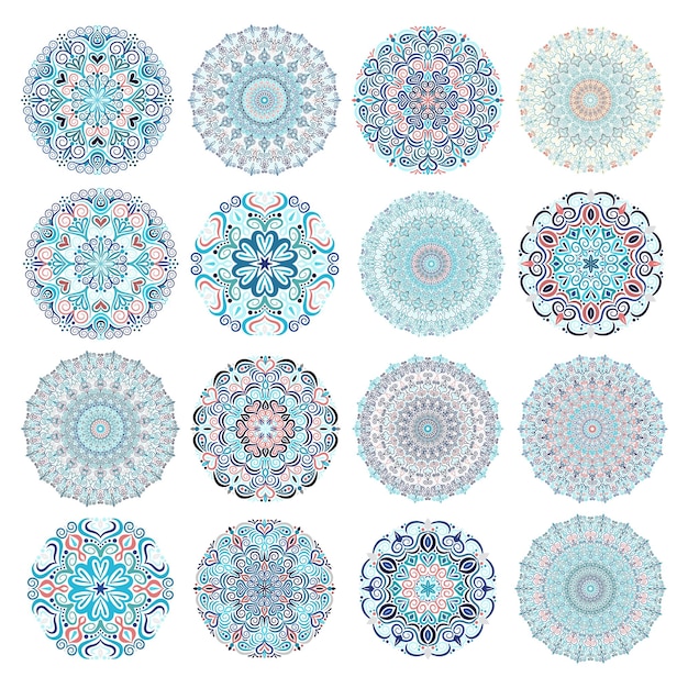 Conjunto de patrones de mandala aislados Adornos redondos azules Elementos de diseño de flores
