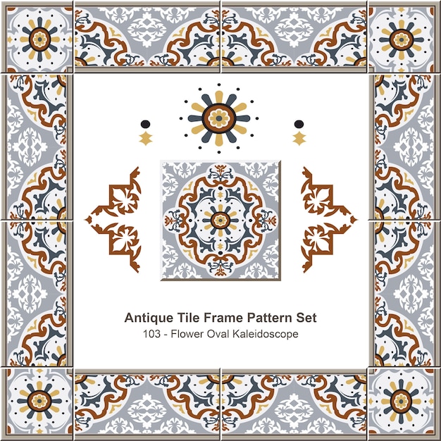 Conjunto de patrones de marco de azulejos antiguos Botanic Garden Royal Flower Oval Kaleidoscope