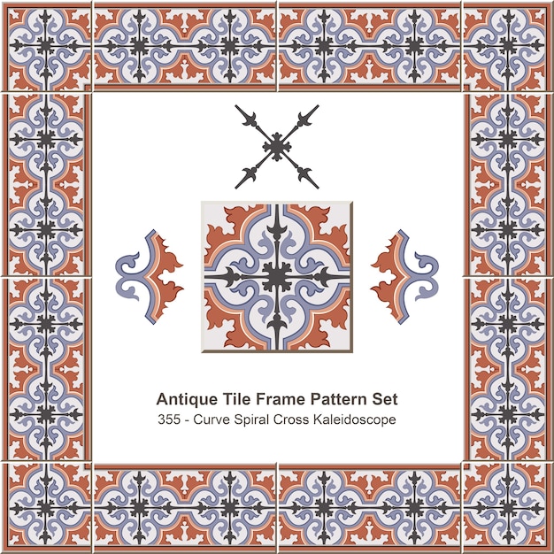 Conjunto de patrones de marco de azulejos antiguos Curva Espiral Cruz Caleidoscopio