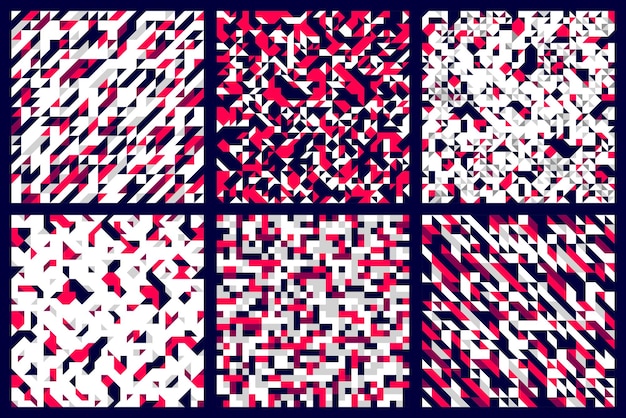 Conjunto de patrones mosaicos sin fisuras, fondos vectoriales geométricos caóticos para fondos de pantalla, papel envolvente o fondos de sitios web.