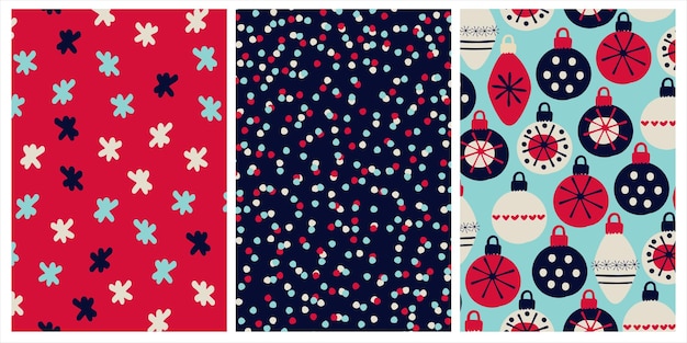 Conjunto de patrones para Navidad Año Nuevo Vacaciones de invierno regalos papel de embalaje Festivo fondos vibrantes con copos de nieve confeti adornos de joyas
